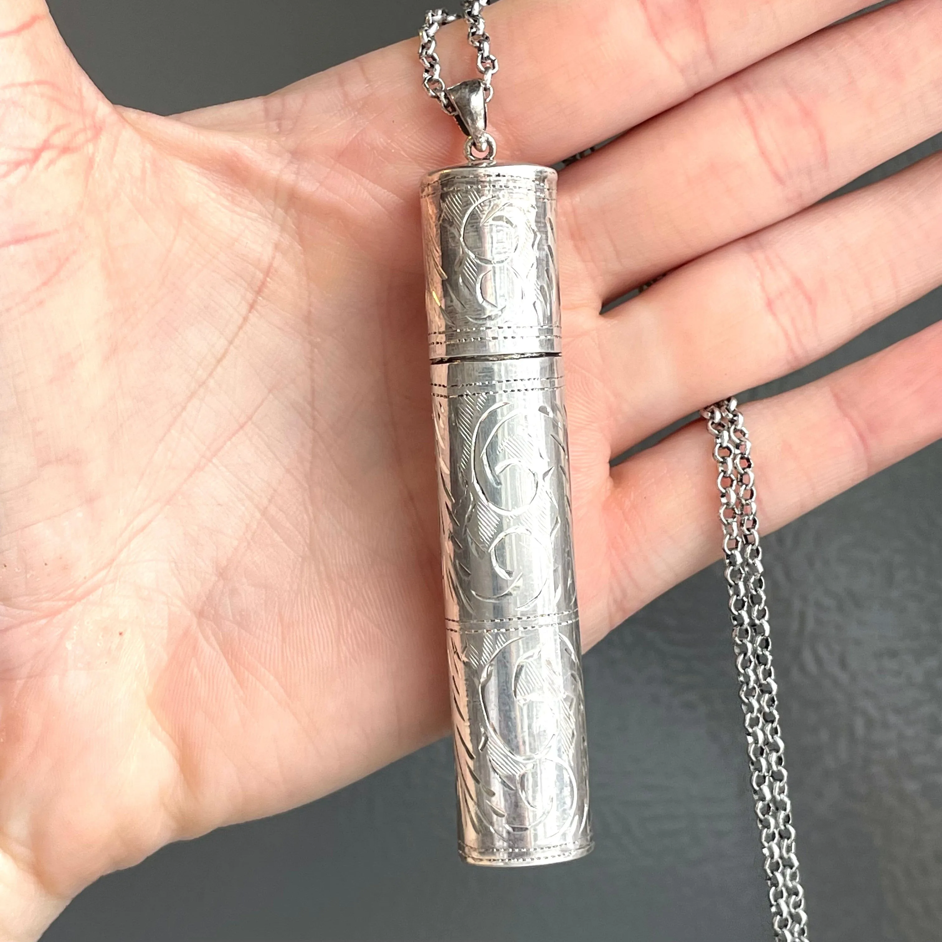 Vintage Art Nouveau Engraved Silver Etui Necklace