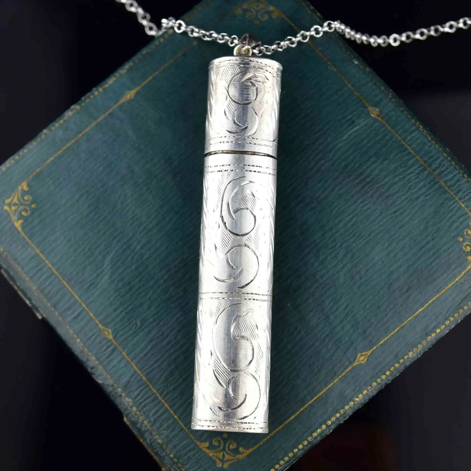 Vintage Art Nouveau Engraved Silver Etui Necklace