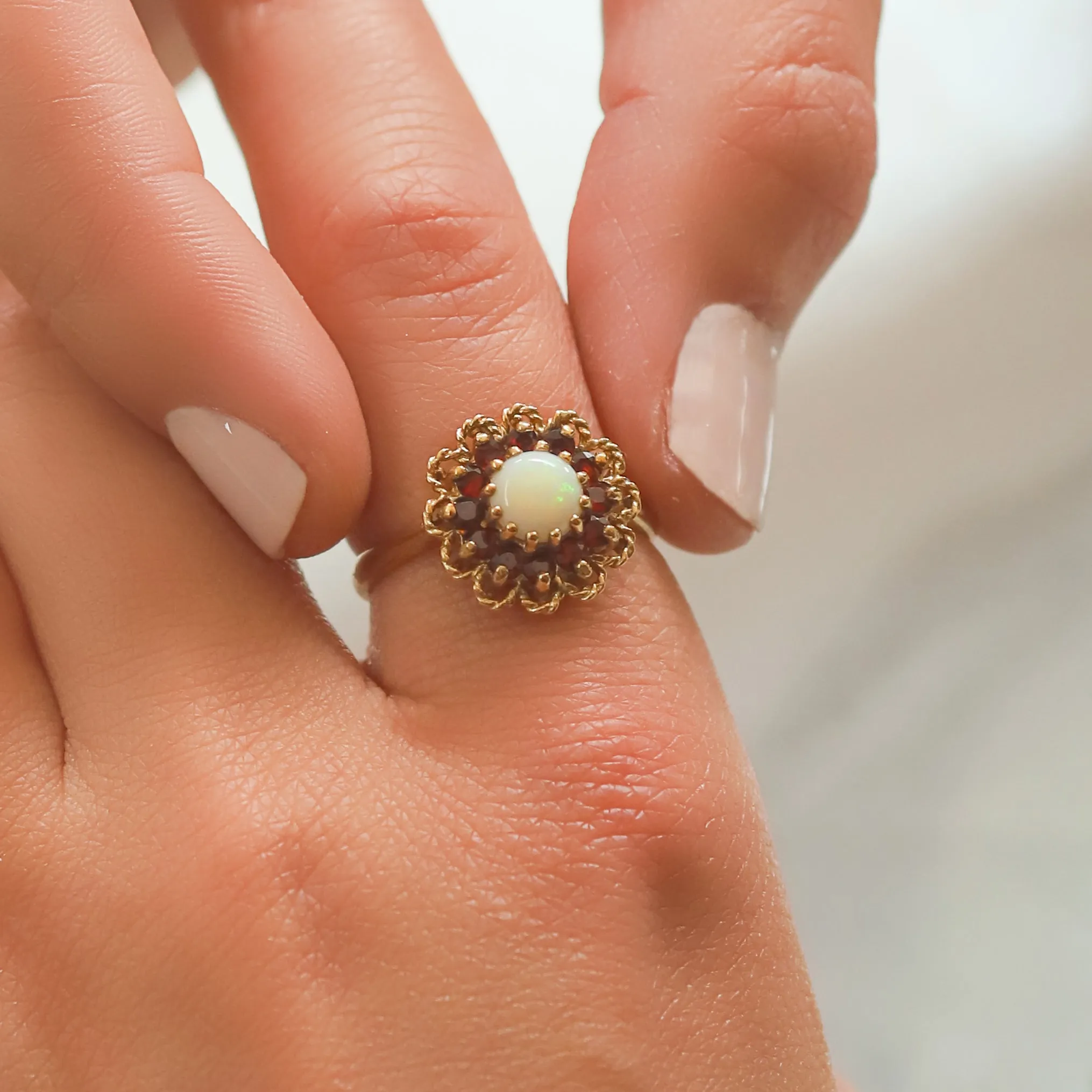 Vintage Lottie Opal & Garnet Cluster Ring | Size P | Solid 9ct Gold