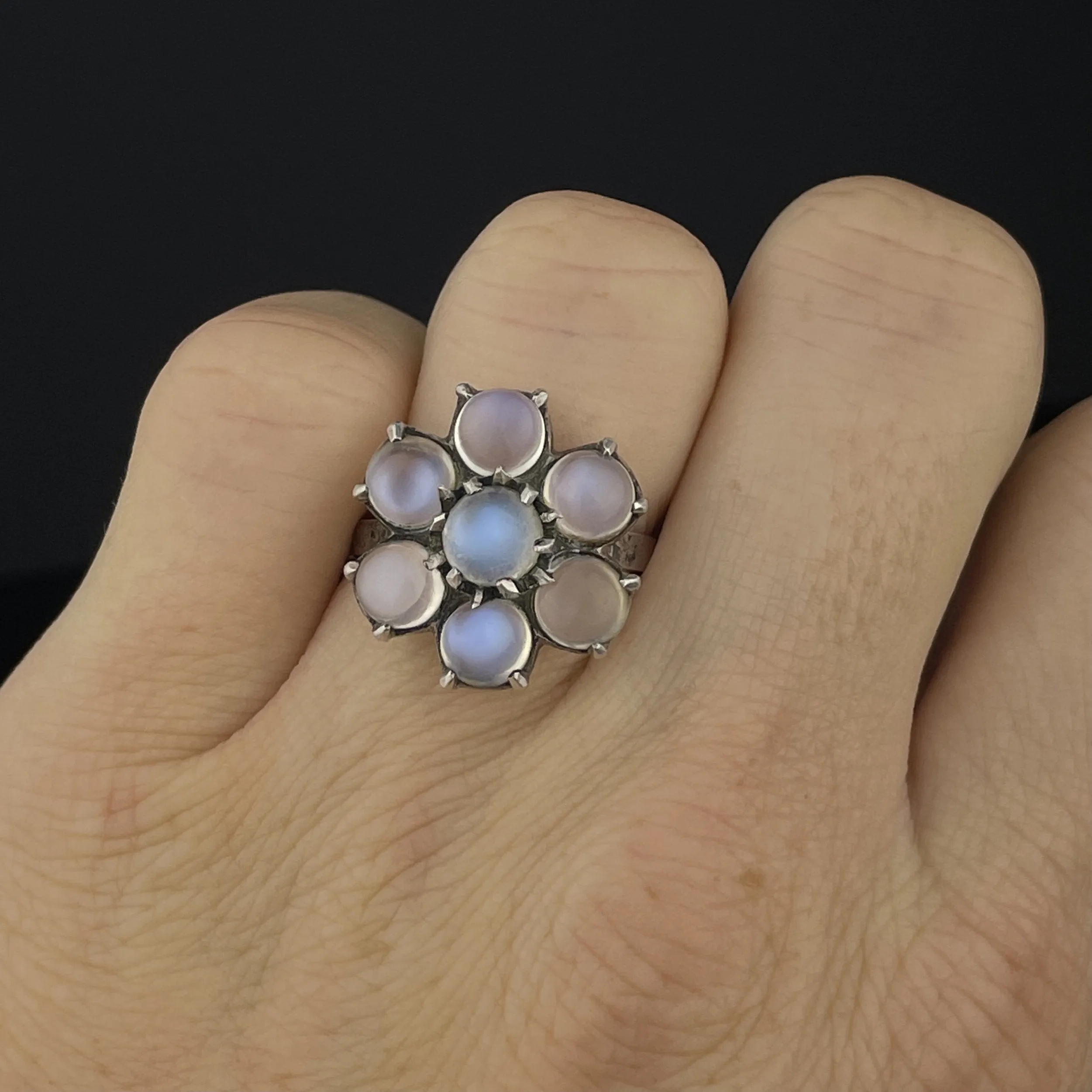 Vintage Silver Flower Cluster Blue Moonstone Ring, Sz 7