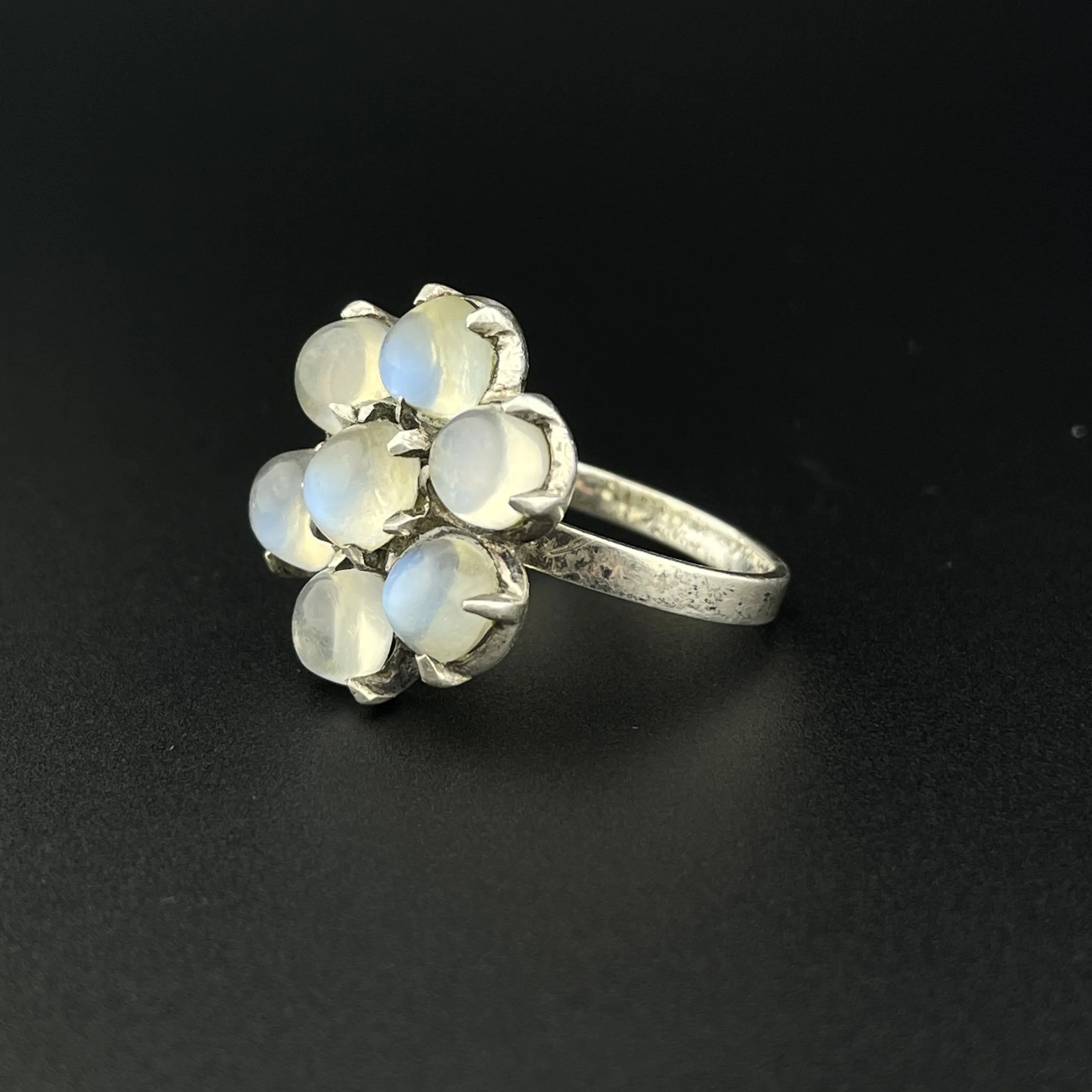 Vintage Silver Flower Cluster Blue Moonstone Ring, Sz 7