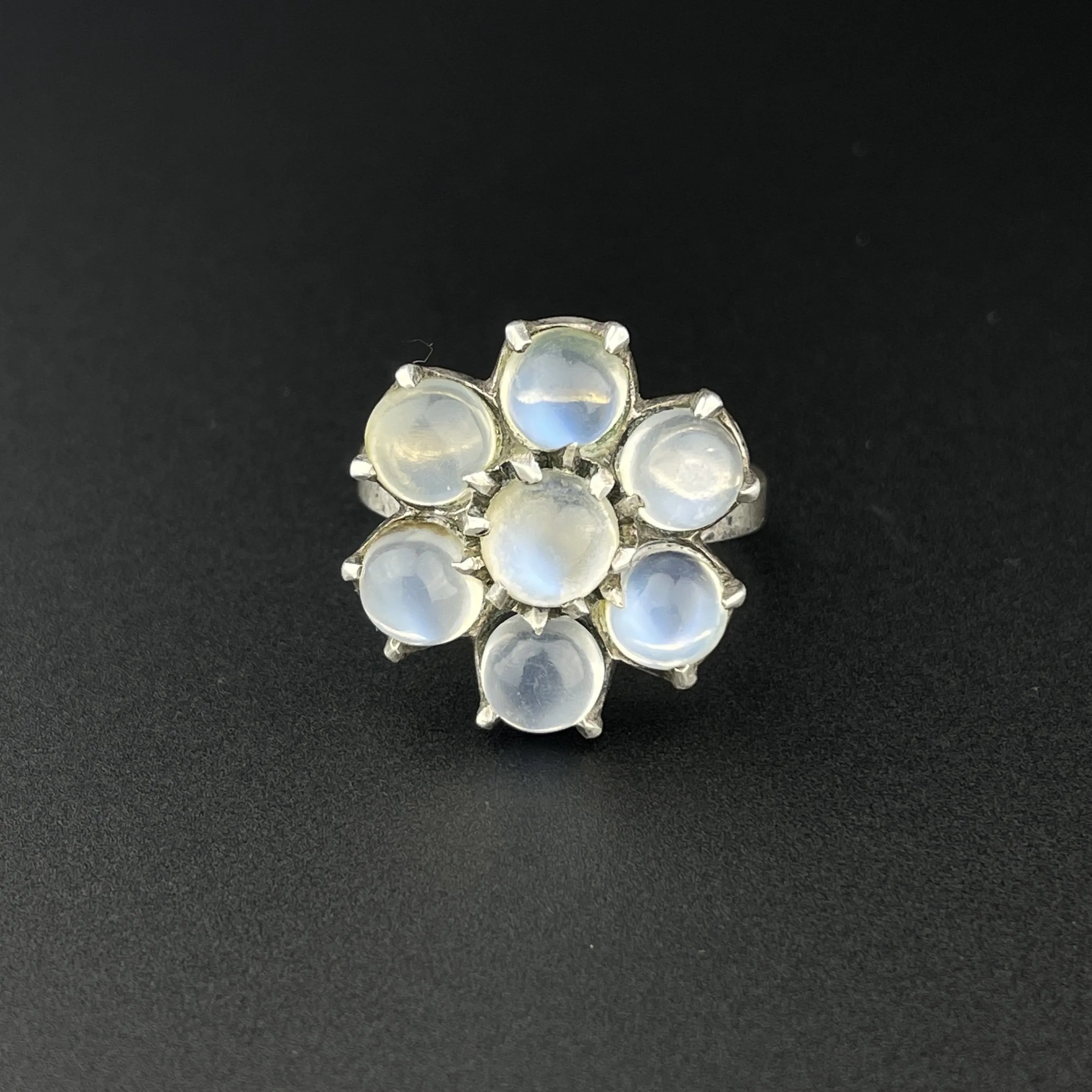 Vintage Silver Flower Cluster Blue Moonstone Ring, Sz 7