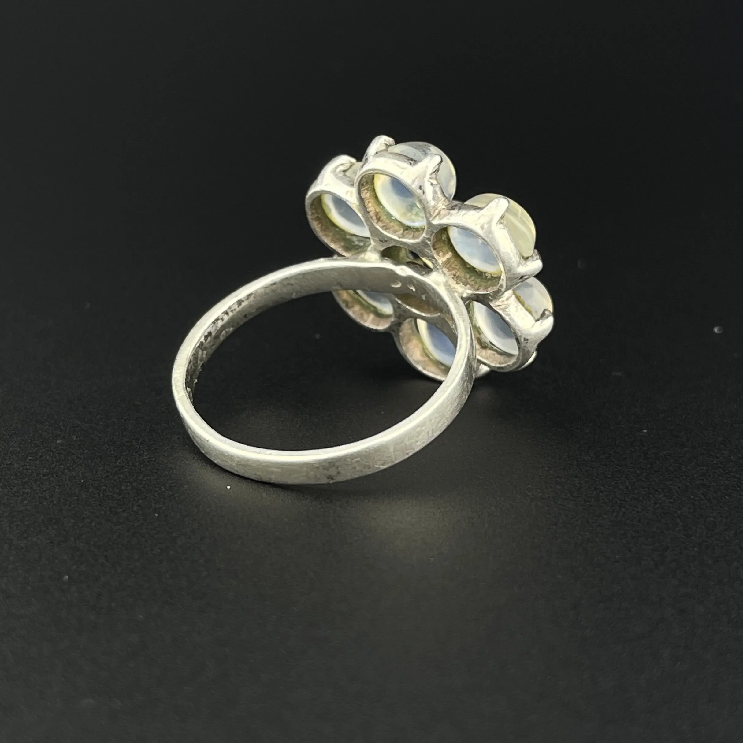 Vintage Silver Flower Cluster Blue Moonstone Ring, Sz 7