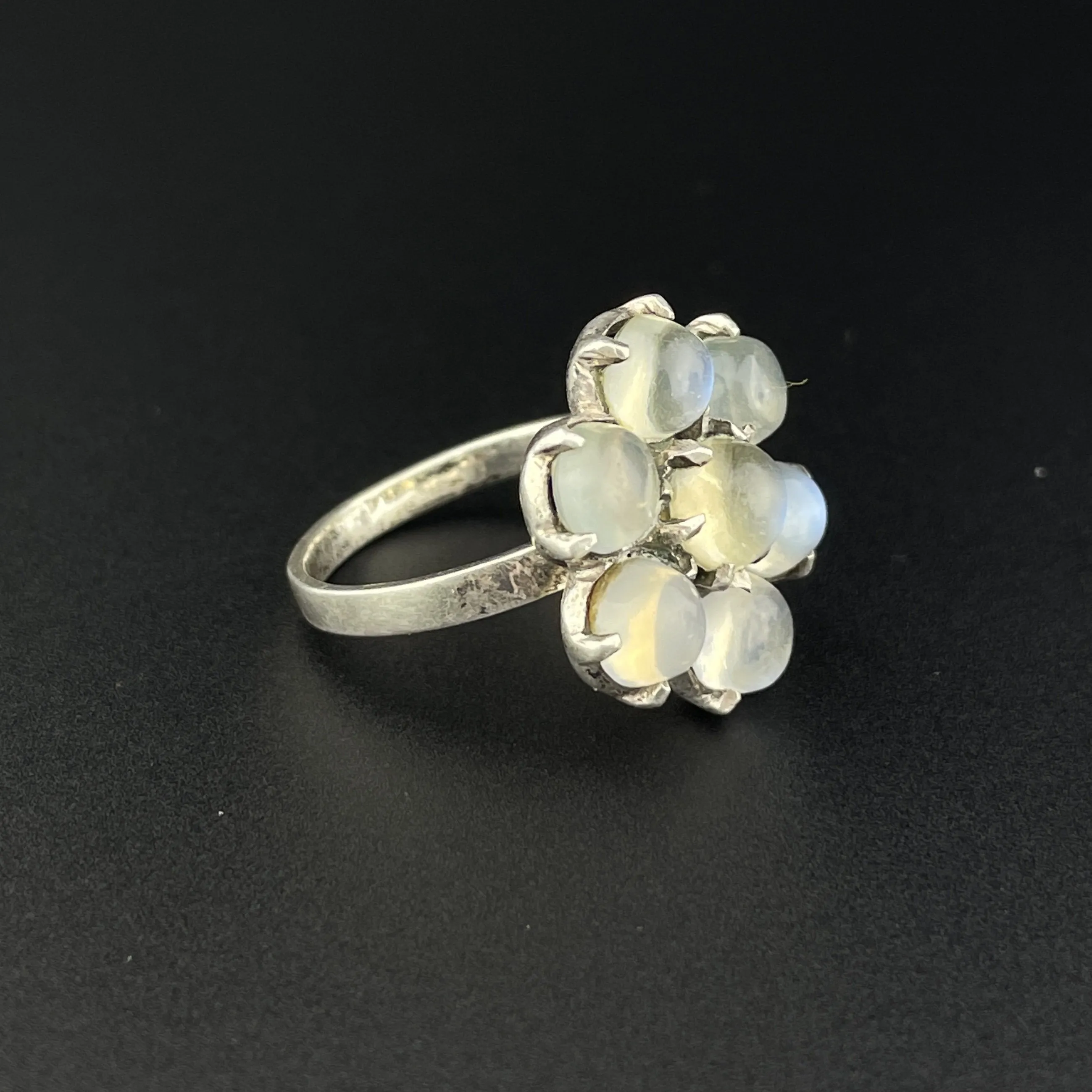 Vintage Silver Flower Cluster Blue Moonstone Ring, Sz 7