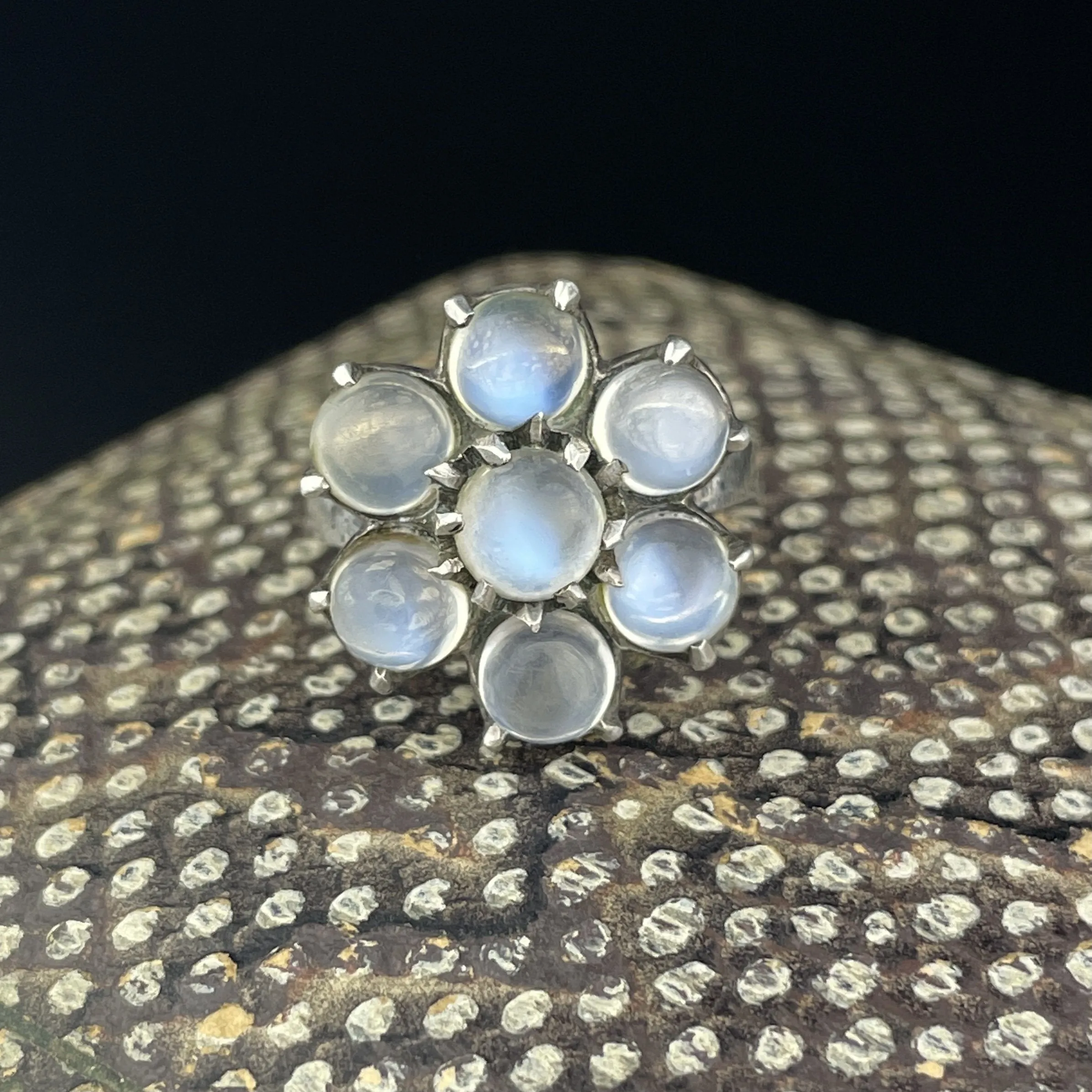 Vintage Silver Flower Cluster Blue Moonstone Ring, Sz 7