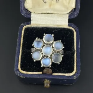 Vintage Silver Flower Cluster Blue Moonstone Ring, Sz 7