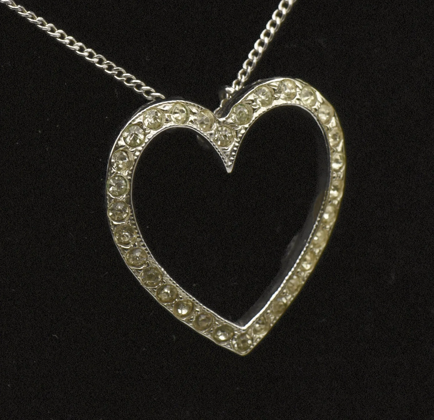 Vintage Sterling Silver and Rhinestone Heart Pendant on Sterling Silver Chain Necklace - 16"