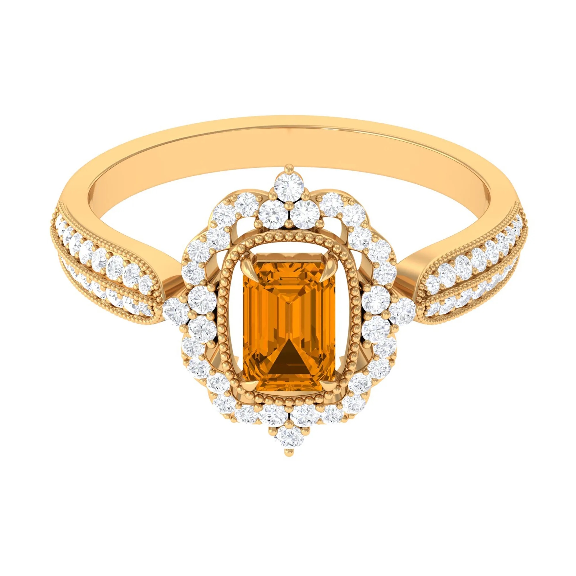 Vintage Style Octagon Citrine Engagement Ring with Moissanite Floral Halo