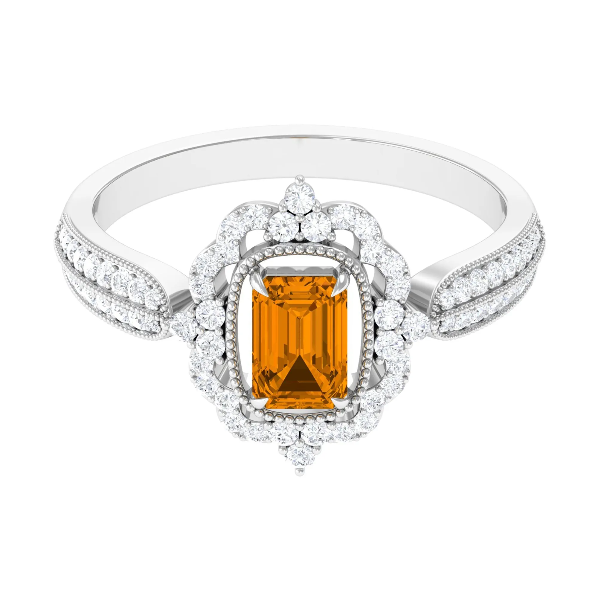 Vintage Style Octagon Citrine Engagement Ring with Moissanite Floral Halo