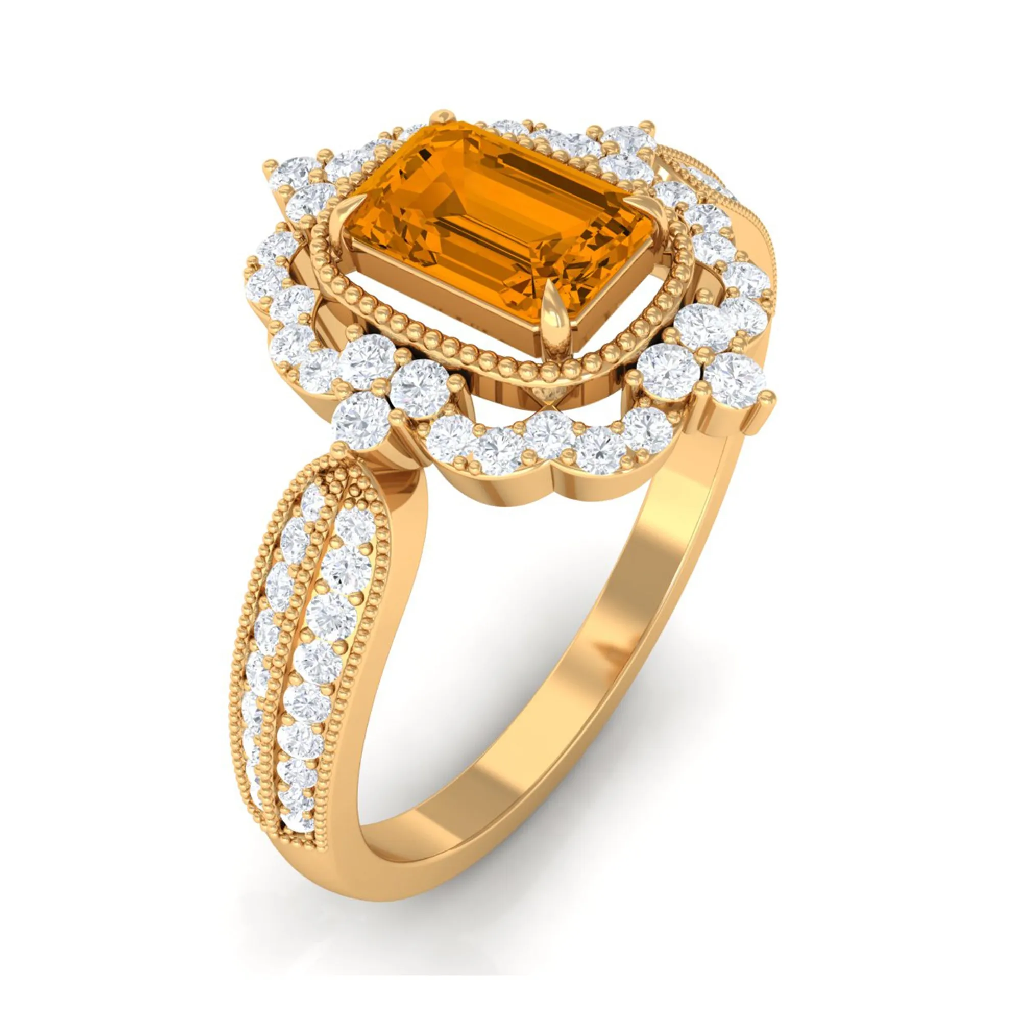 Vintage Style Octagon Citrine Engagement Ring with Moissanite Floral Halo