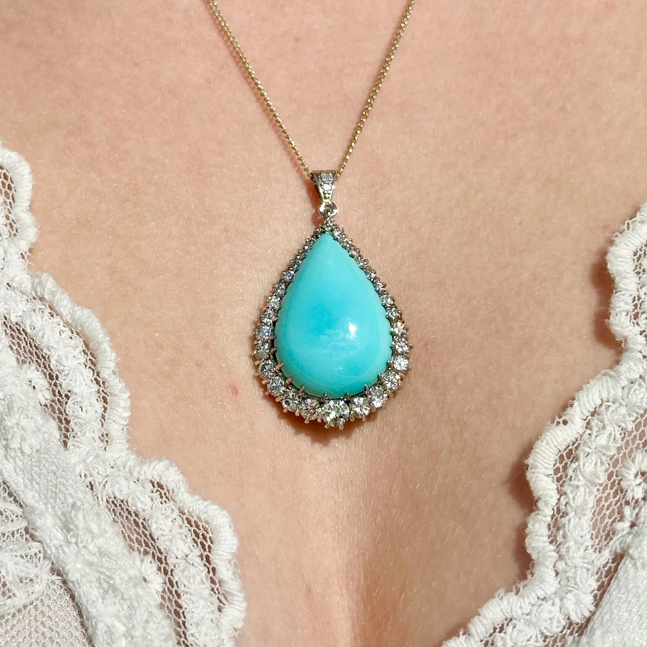 Vintage Turquoise Diamond Teardrop Pendant 25ct Turquoise