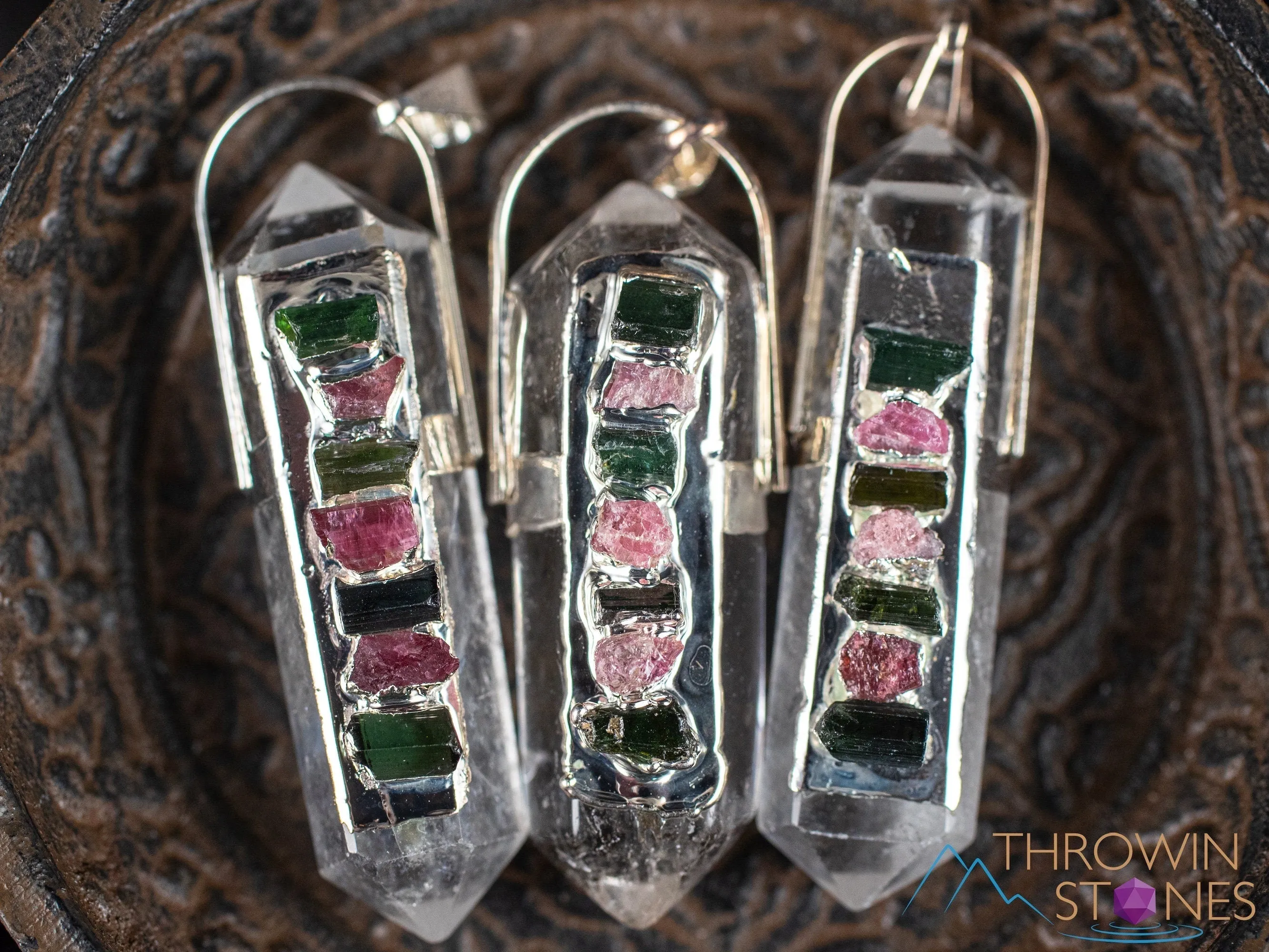 WATERMELON TOURMALINE & Clear QUARTZ Crystal Pendant - Crystal Points, Handmade Jewelry, Healing Crystals and Stones, E2054