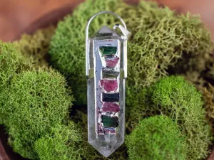 WATERMELON TOURMALINE & Clear QUARTZ Crystal Pendant - Crystal Points, Handmade Jewelry, Healing Crystals and Stones, E2054