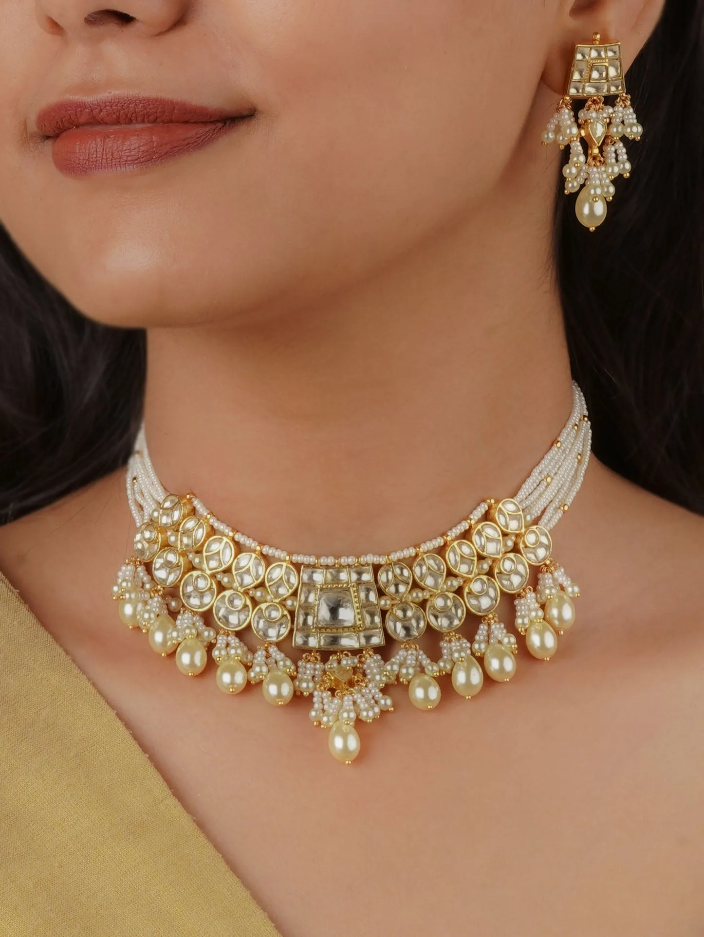 White Color Gold Plated Jadau Kundan Necklace Set - MS2149Y