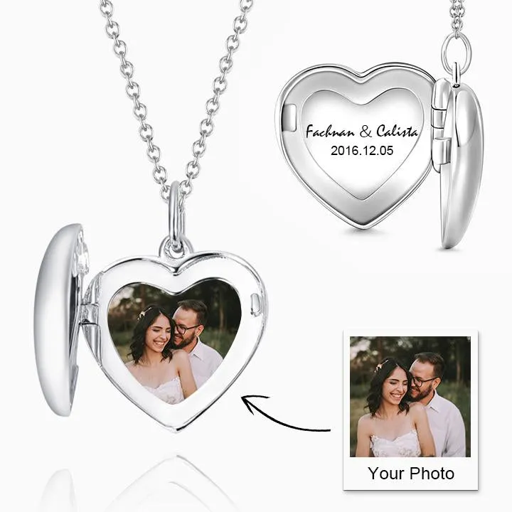 Women's Printing Photo Locket Heart Necklace Platinum Plated