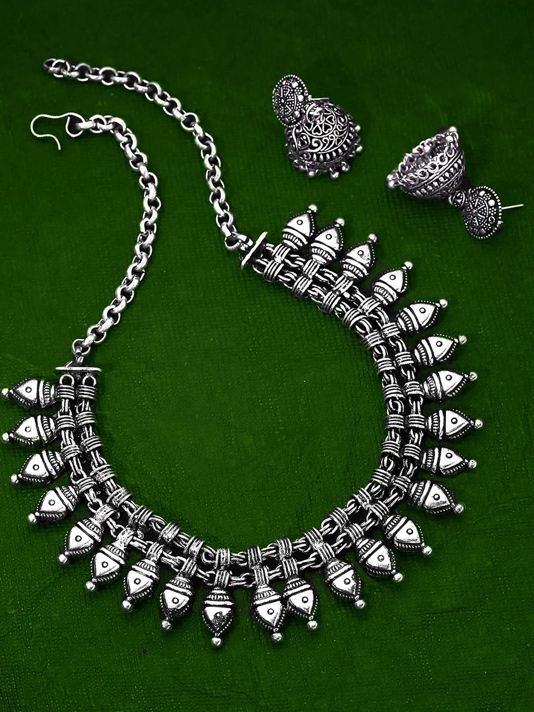 Yellow Chimes Jewellery Set for Women and Girls Traditional Silver Oxidised Jewellery Set Silver Choker Set | Kohlapuri Tribal Style Choker Necklace Set for Women | Birthday Gift For Girls and Women Anniversary Gift for Wife